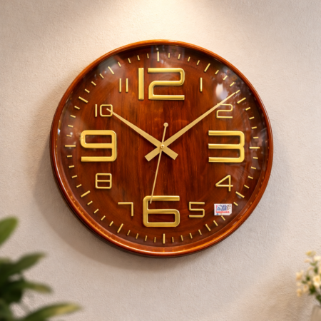 Premium Wooden Finish Wall Clock with Golden 3D Numbers