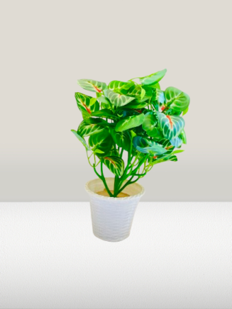 Artificial Green Leaf Plant with White Basket Pot