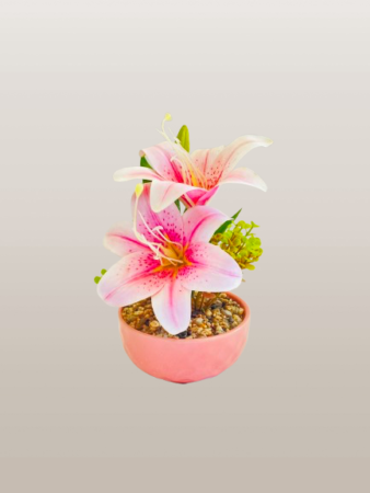 Artificial Pink Lily Flower Arrangement in Decorative Pot