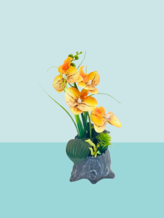 Artificial Orange Orchid Arrangement in Rustic Wooden Style Pot