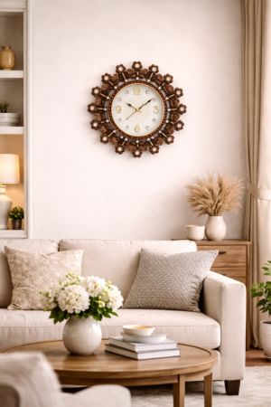 Luxury Floral Wooden Designer Wall Clock – Premium Crystal Decorative Frame